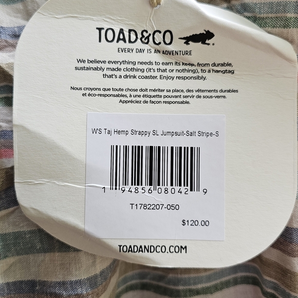 Toad&Co Hemp Salt Striped Button-Down Jumpsuit Small Sustainability - Picture 5 of 9